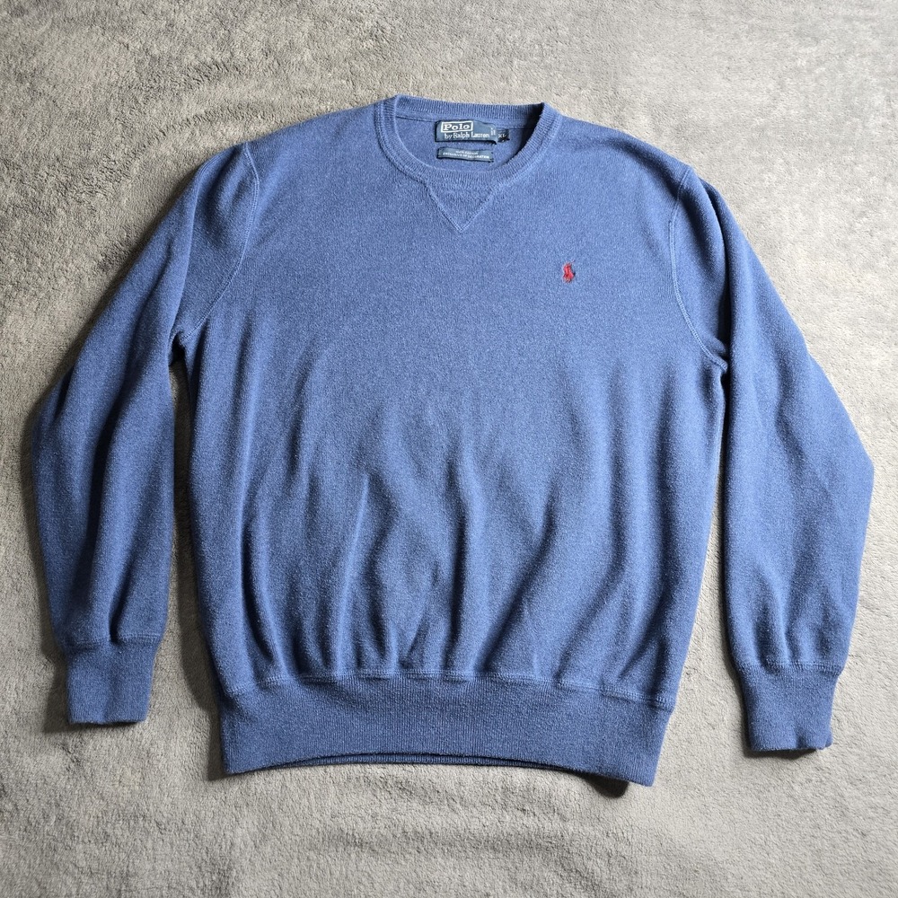 VTG Y2k POLO RALPH LAUREN Crewneck Sweater Mens XL Blue Preppy Red Pony Pullover